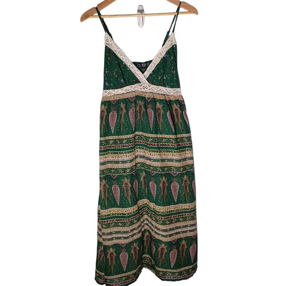 Womens Boho Midi Dress Medium Green Paisley Hippie Fairycore Festival Peasant - Picture 1 of 9